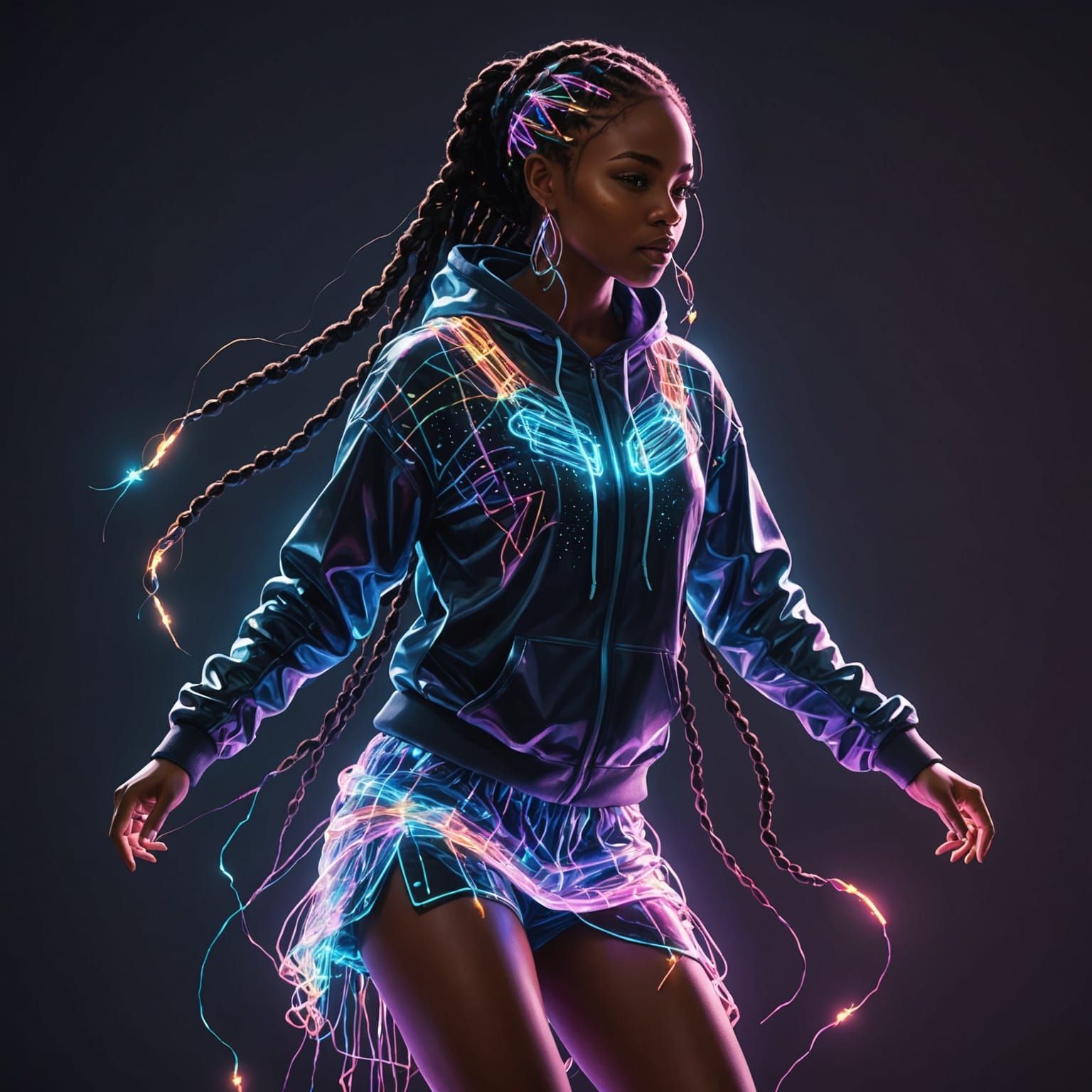 Luminous Woman with LED Braids in Astral Style