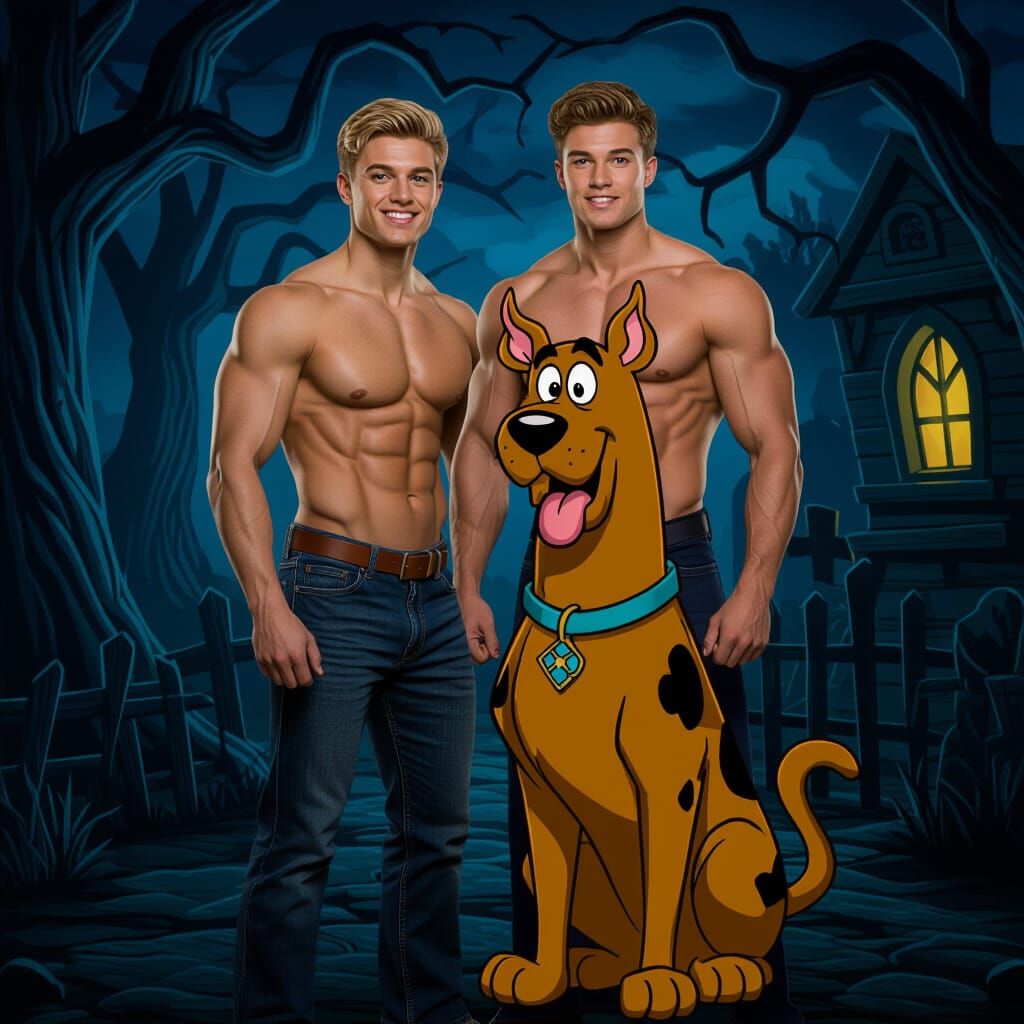 Scooby-Doo and Muscular Man in Haunted Place