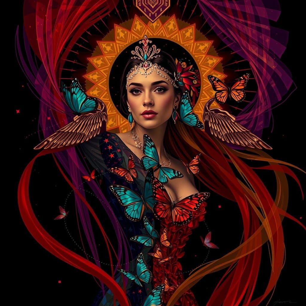 Regal Woman in Psychedelic Vortex, Art Deco Style