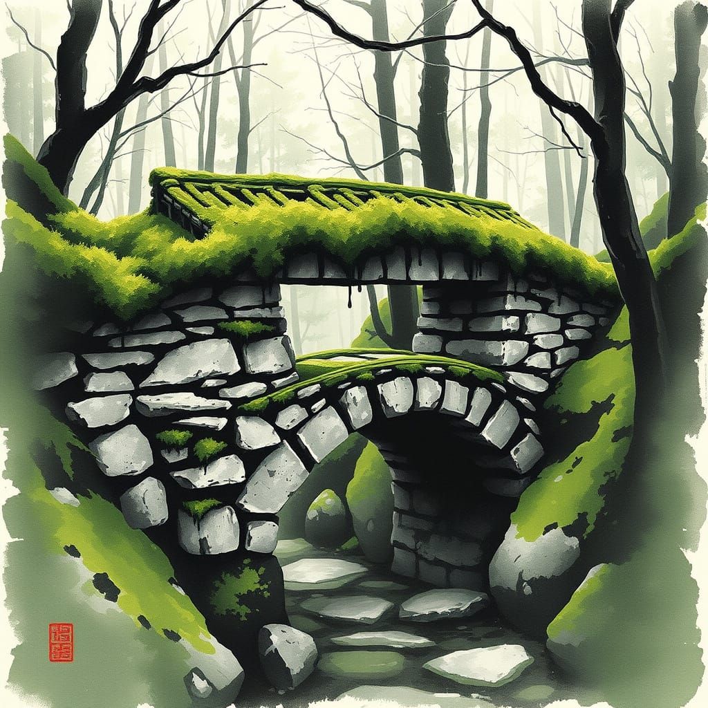 Moss-Covered Bridge in Enchanted Forest Minimalist Art