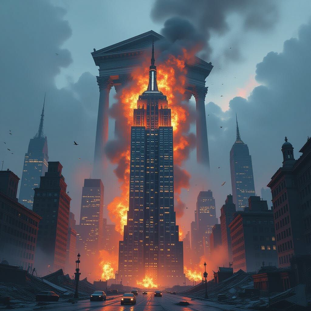 Empire State Building Ablaze in Dystopian Cityscape