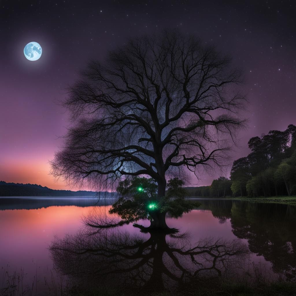 Glowing Tree Reflected in Moonlit Lake