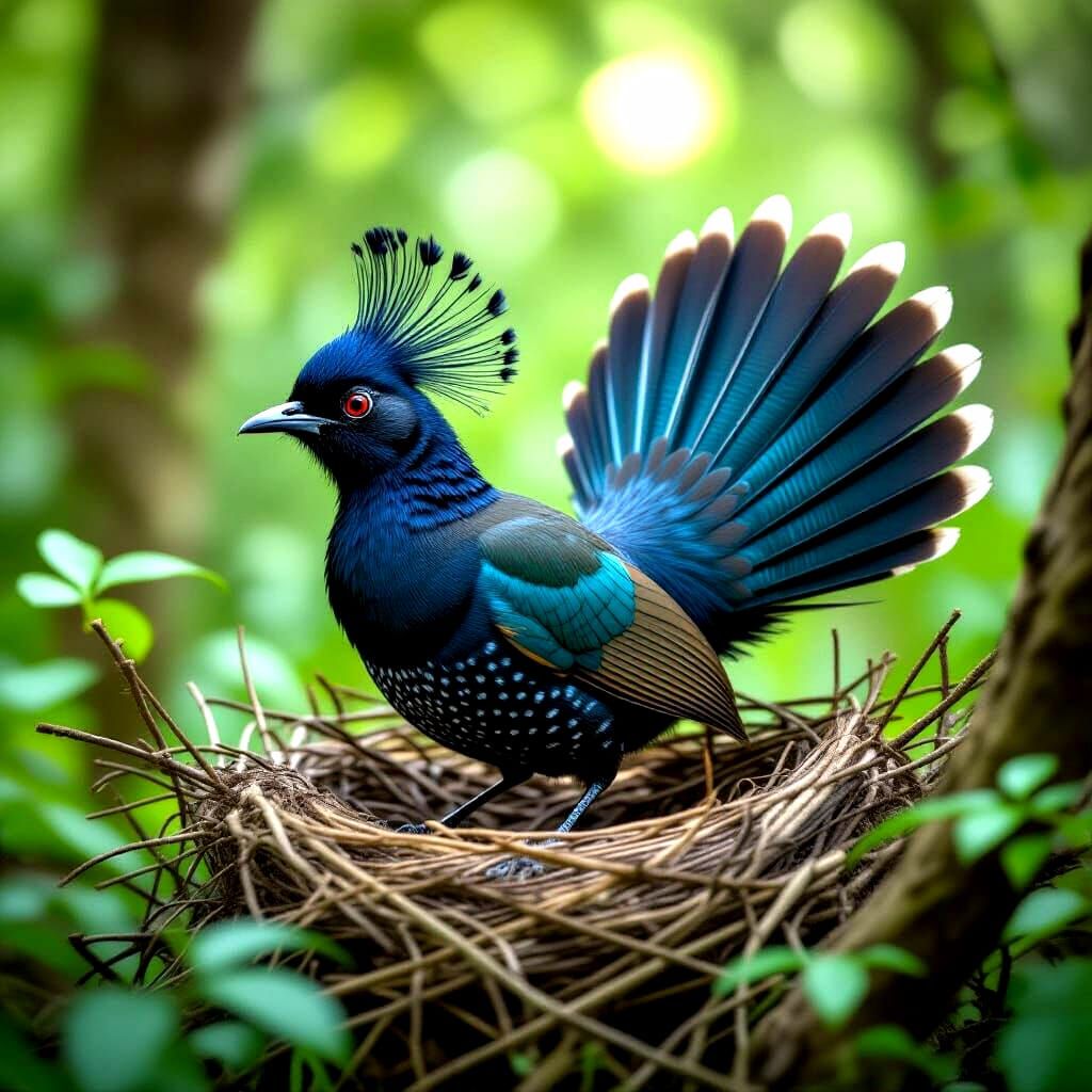 Lyrebird Displaying Feathers on Nest in Forest