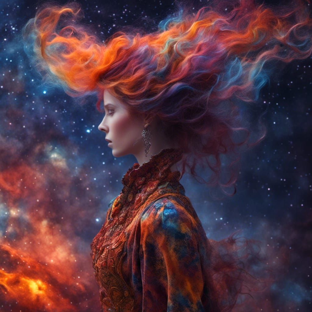 Celestial Woman with Cosmic Dress and Hair