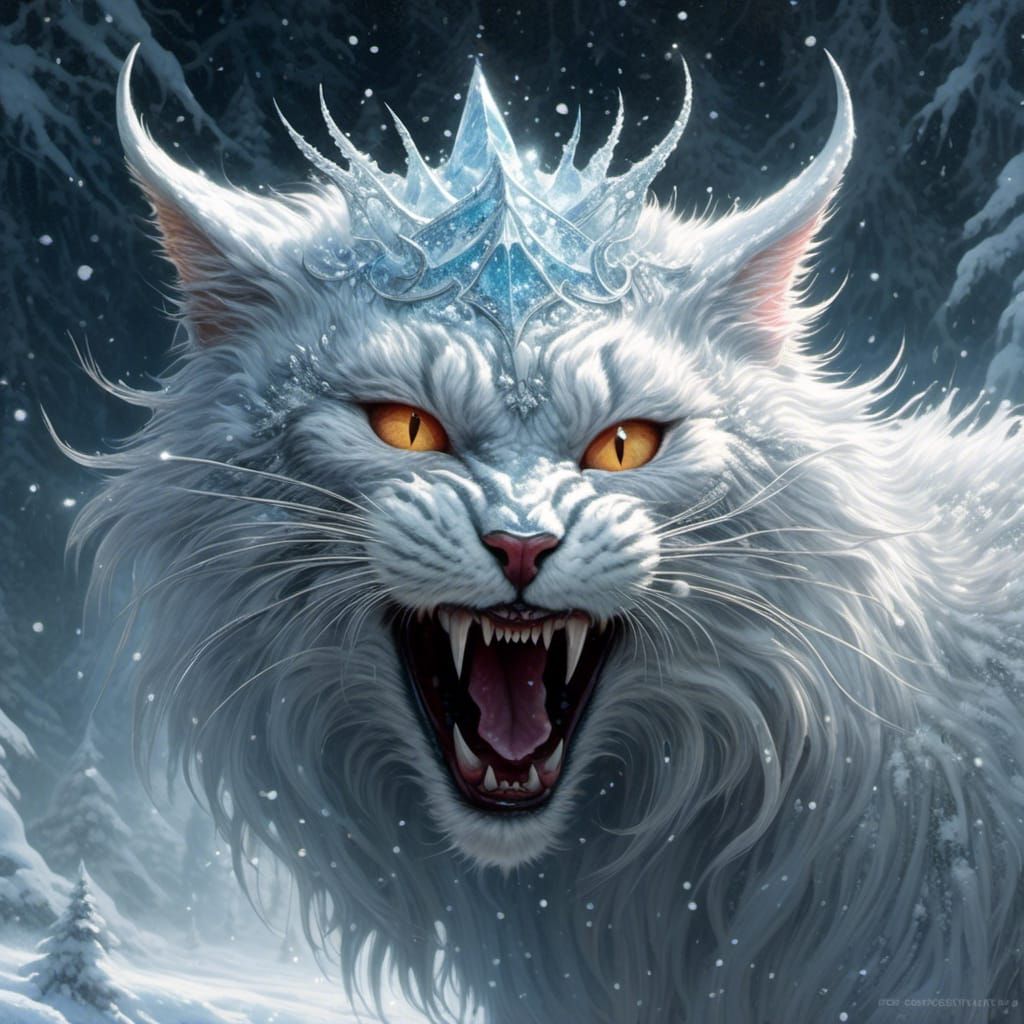 Hyperrealistic Khandarian Cat Snow Demon Laughing