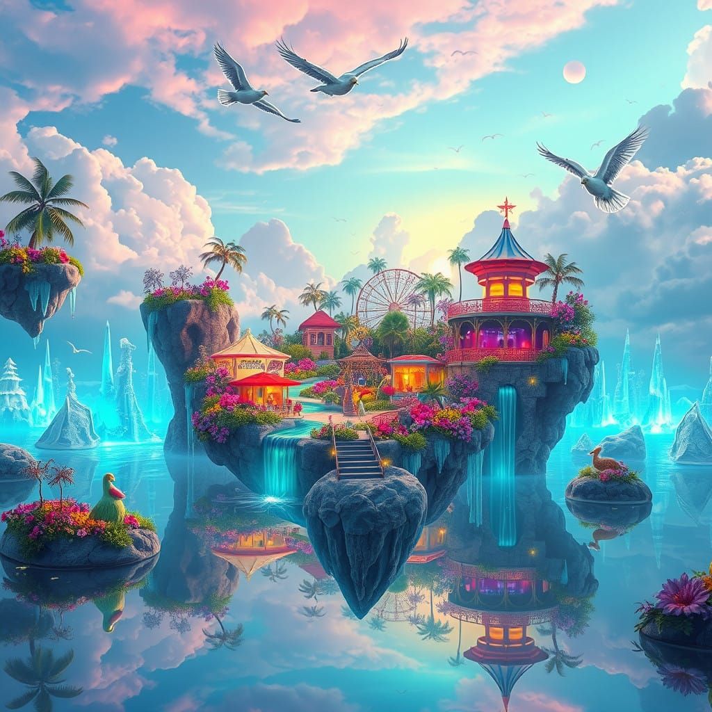 Whimsical Dreamscape with Tropical Islands and Amusement Par...