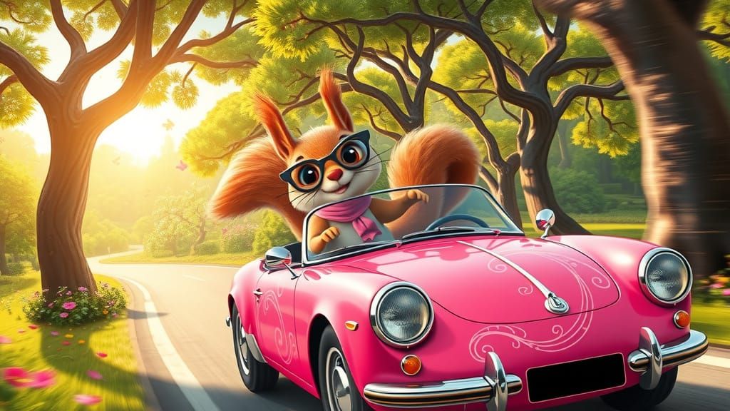 Squirrel Cruises Down Winding Forest Road in Bright Pink Con...