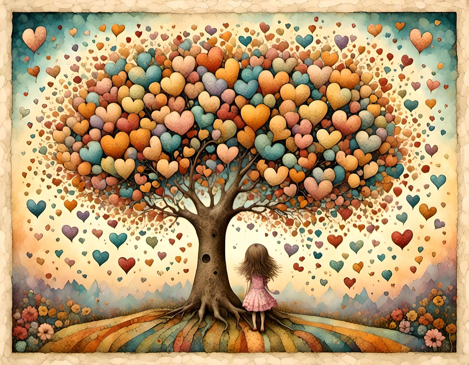 Patchwork Sun in Heart Tree Sketch