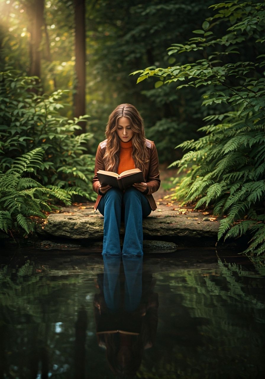 Redhead Reads by Tranquil Pool in Forest