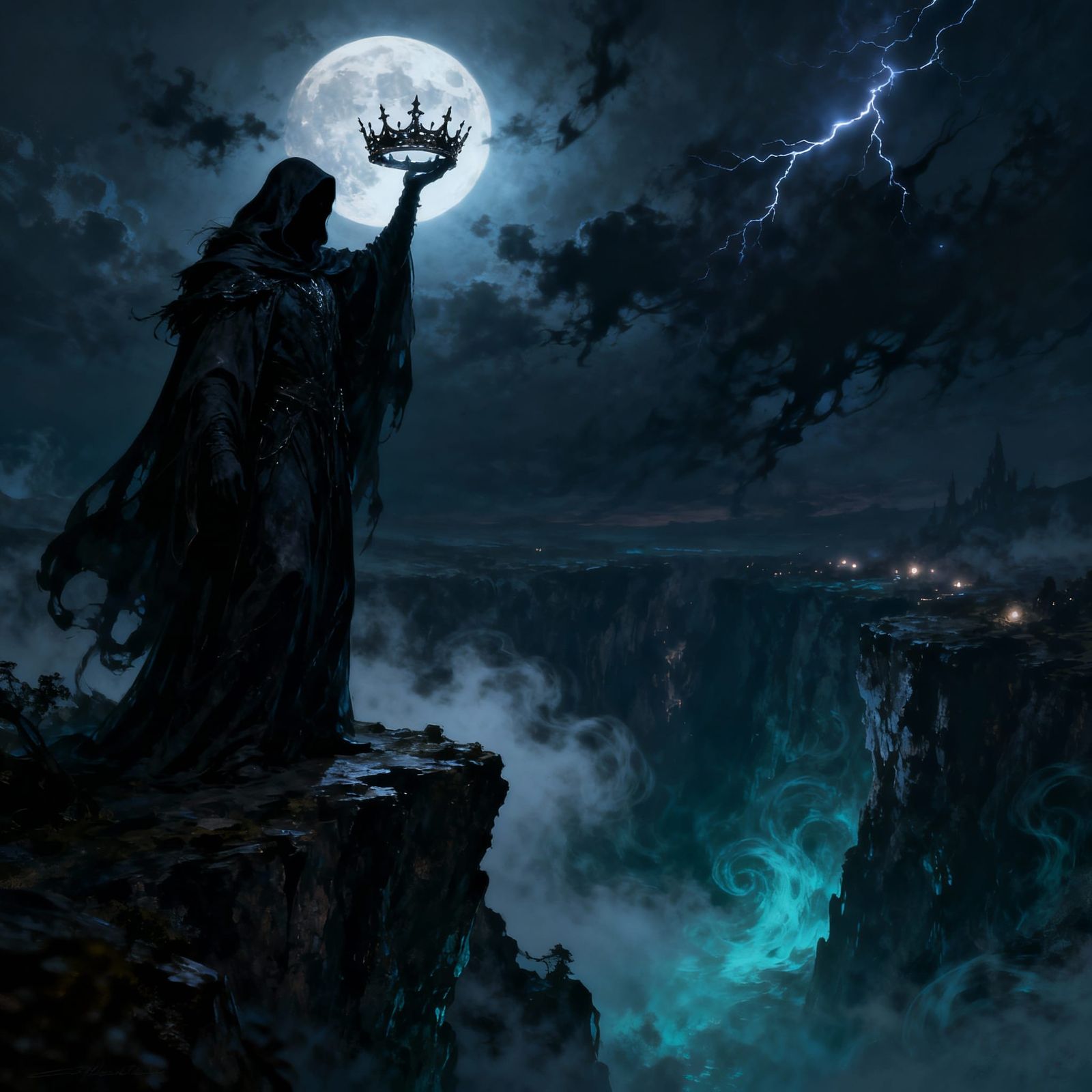 Shadowy King Holds Moonlight Crown Over Misty Chasm