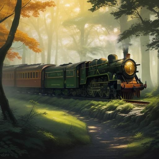 Fantasy Steam Train Through Vibrant Forest