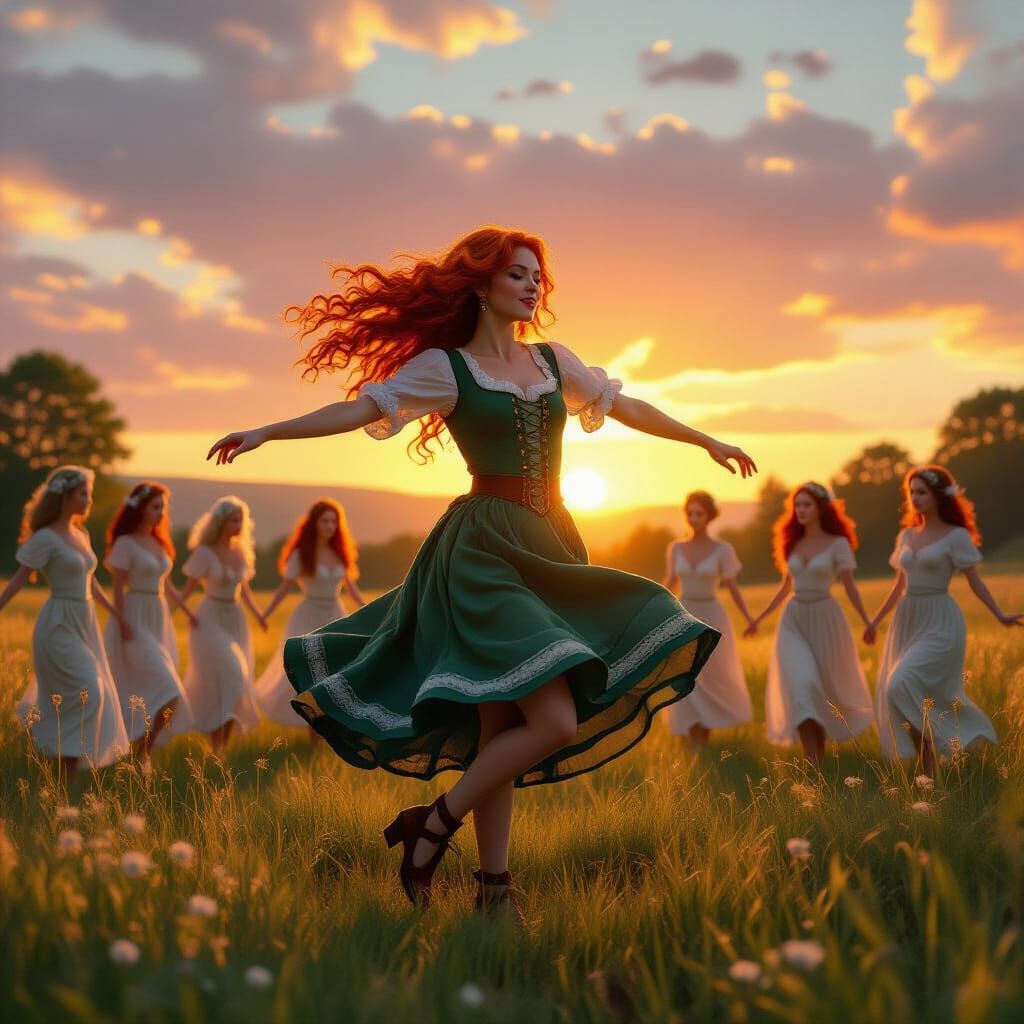 Irish Woman Dancing with Fairies at Sunset
