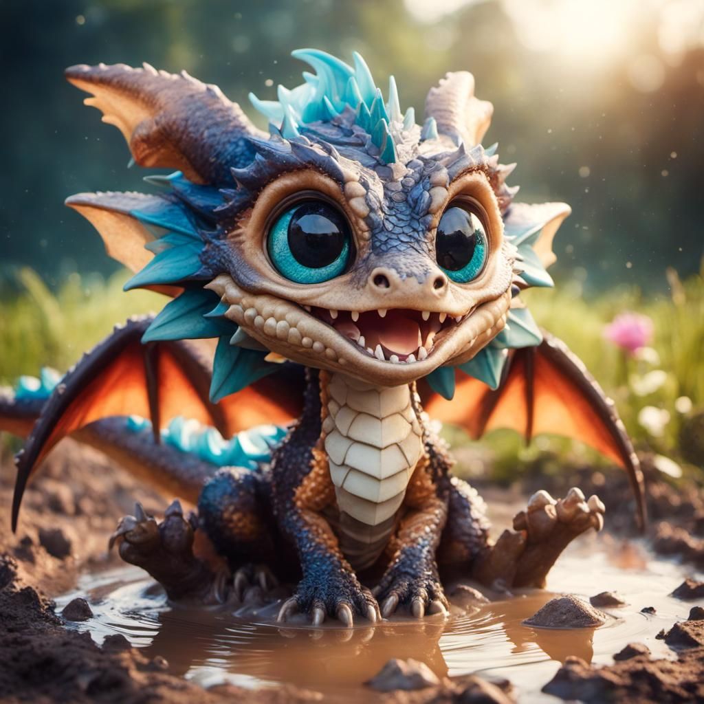 Happy Anime Dragon in Mud Puddle: Digital Art