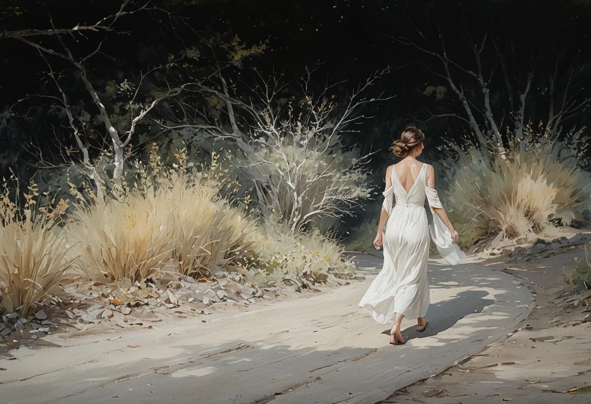 Woman in White Dress on Winding Path