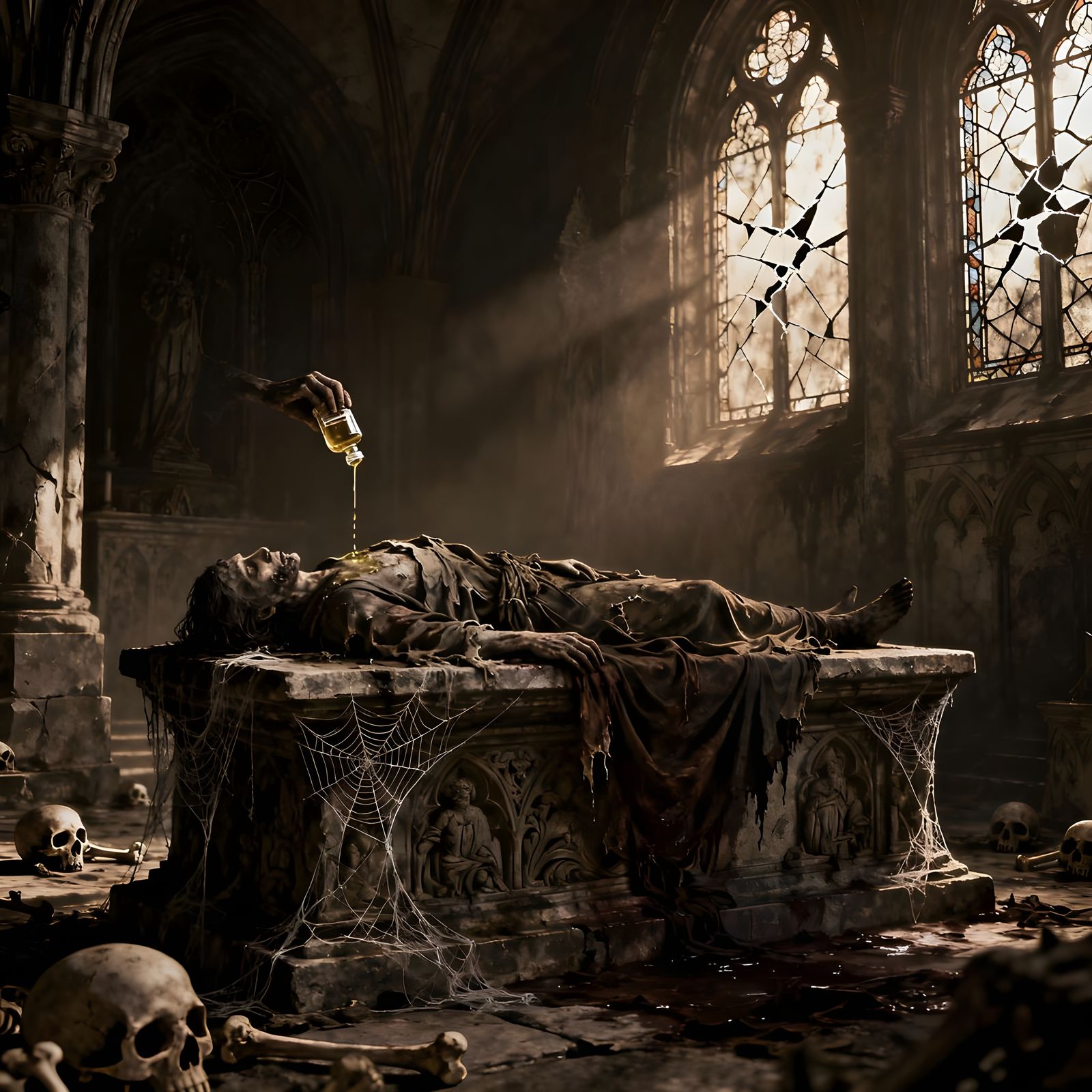 Macabre Crypt Anointing: A Sinister Horror Scene