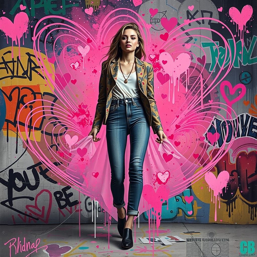 Hearts and Graffiti: A Beautiful Woman's Portrait