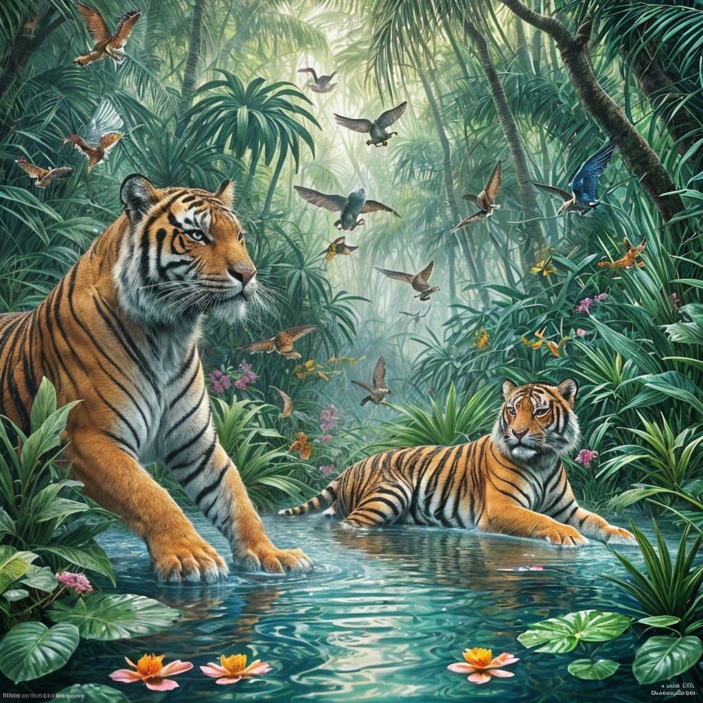 Tigers Bathing in Jungle Lagoon, Colored Pencil Illustration