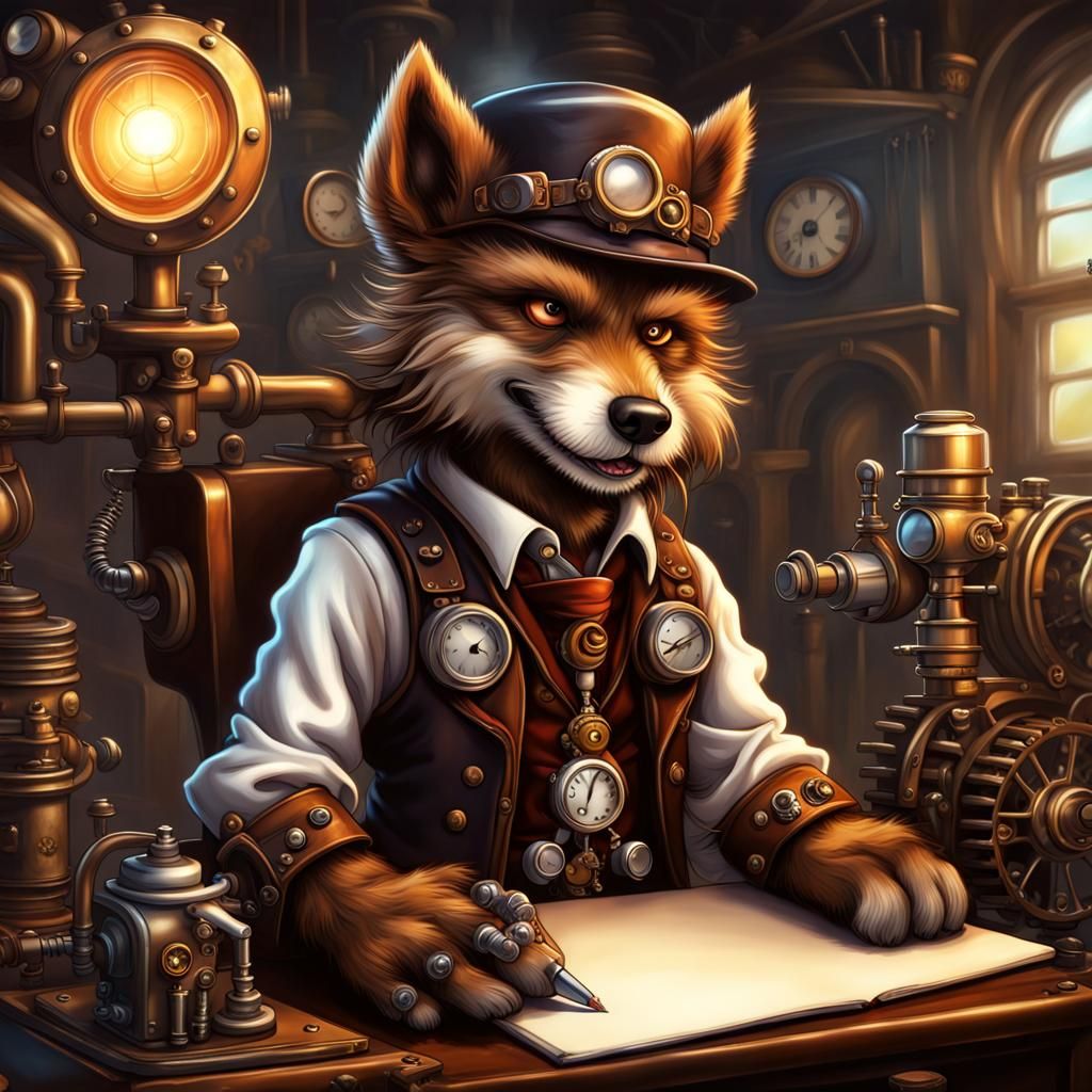 Steampunk Werewolf Student in Chibi Style