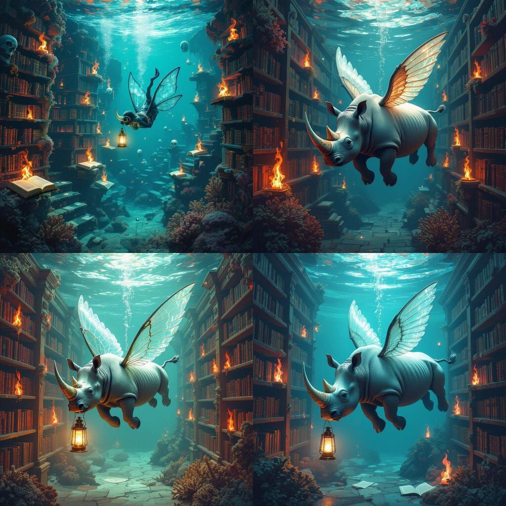 Underwater Flame Library with Rhino-Horned Figure