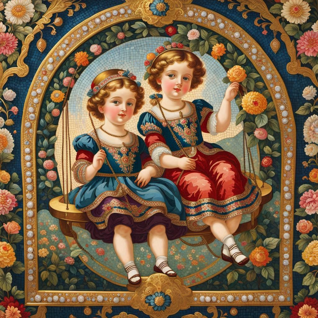 Children on a Swing in Viennese Mosaic Style