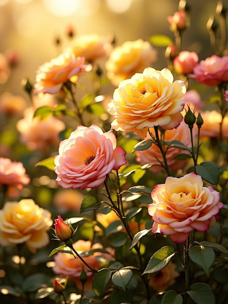 Golden Hour Rose Garden in Vibrant Hues