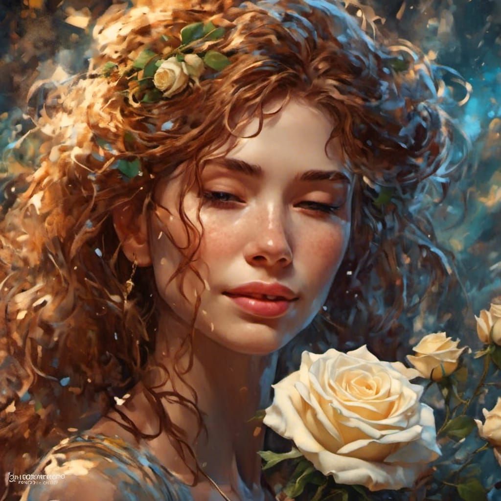 Gentle Woman Smelling a Rose, Art Nouveau Portrait