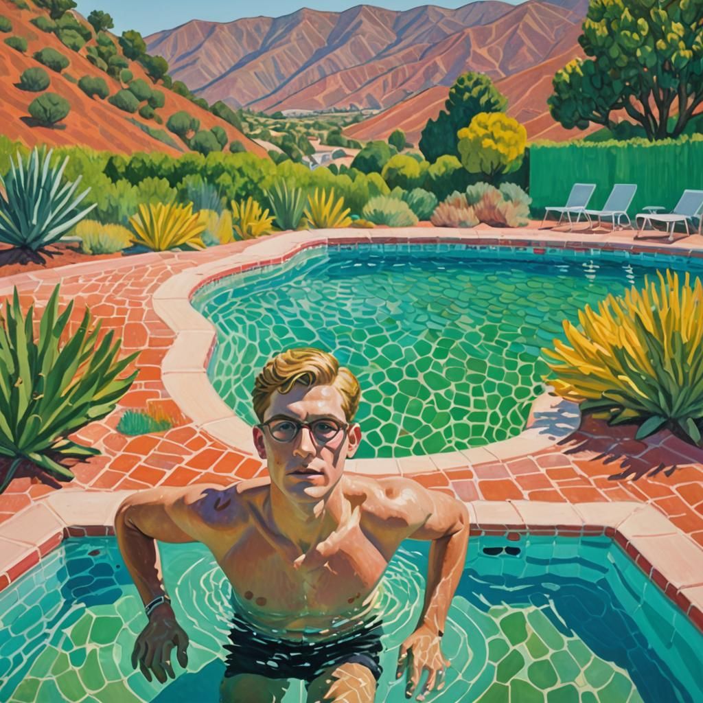 Young Man Swimming: A Hockney-esque Pool Scene