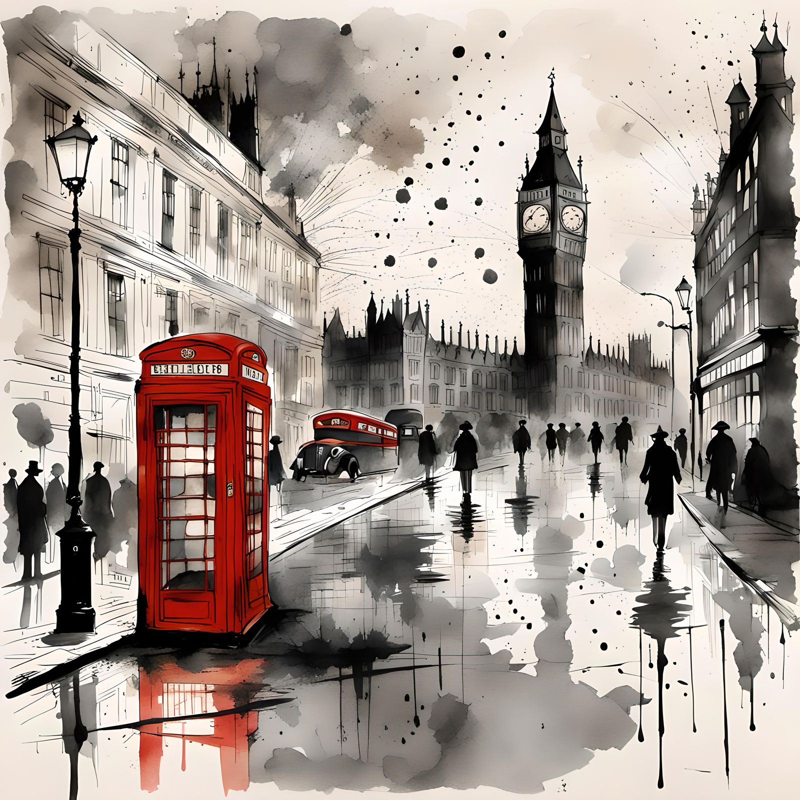 Vintage London Street Scene in Ink and Watercolor