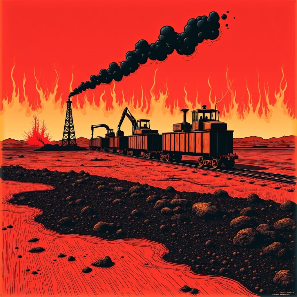 Ore Train on Volcanic Plain as Linocut