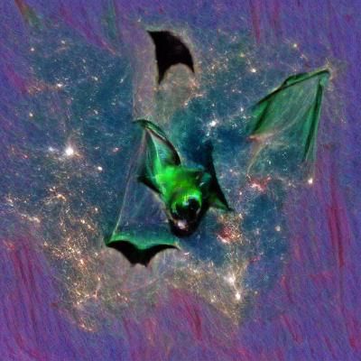 Spectral Green Bat Soaring Through Whirling Galaxies