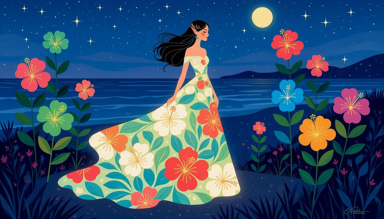 Elven Princess on Twilight Beach with Luminous Hibiscus