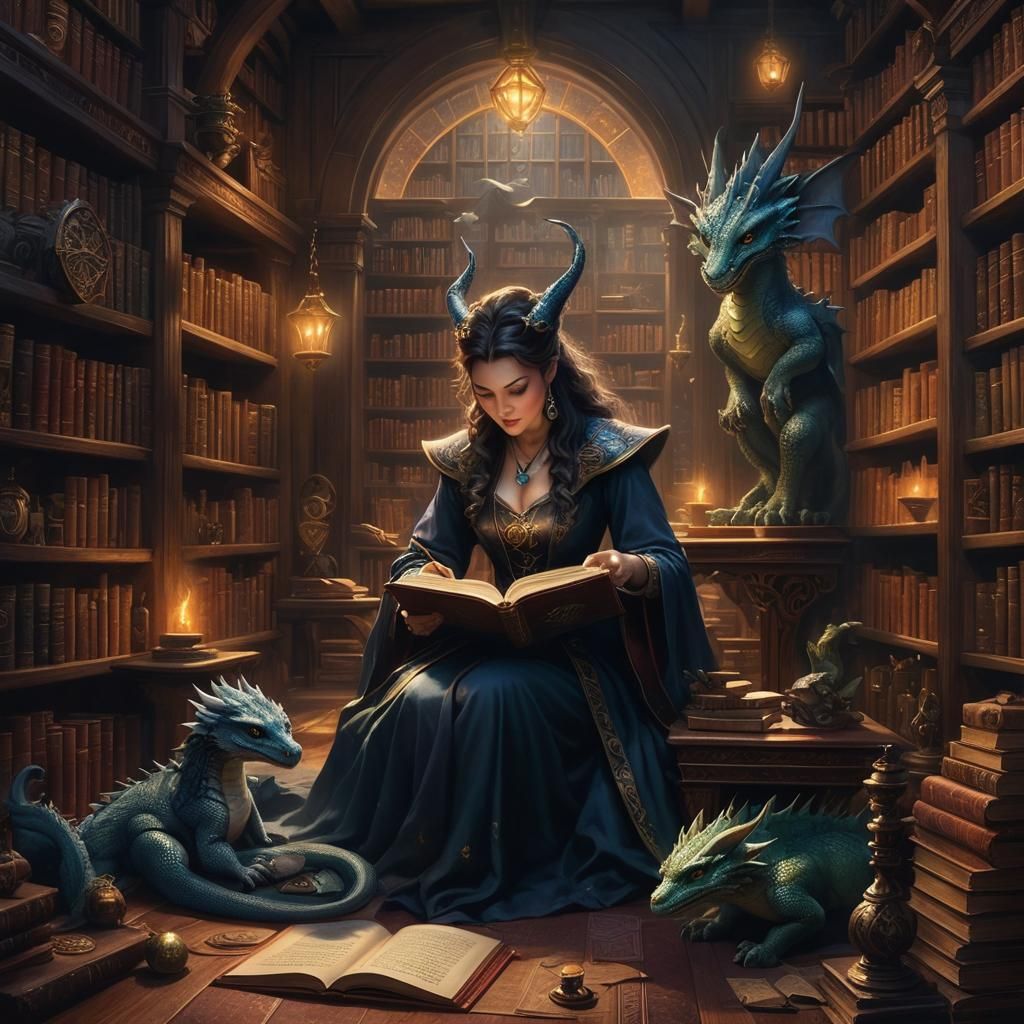 Magician with Dragon in Magical Library