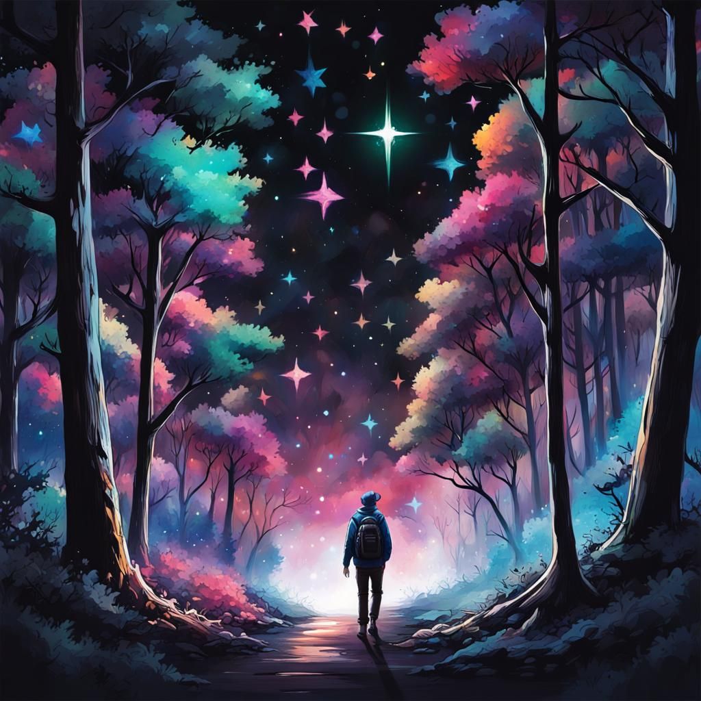 Star Guides Traveler: Graffiti Art in Dark Forest