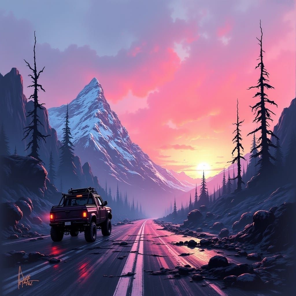 Surreal Sunset Escape in Cyberpunk Style