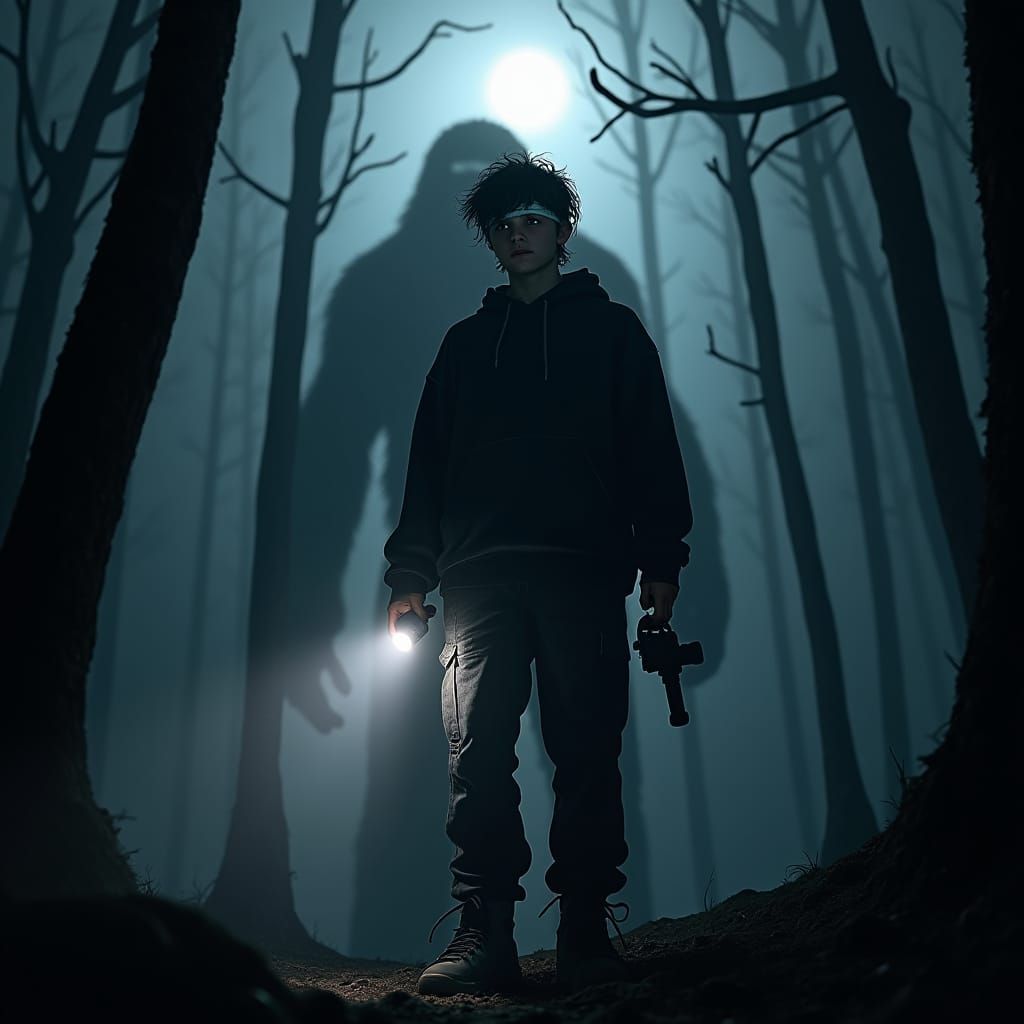 Teenager Filming Cryptid in Haunted Forest, Detailed Matte P...