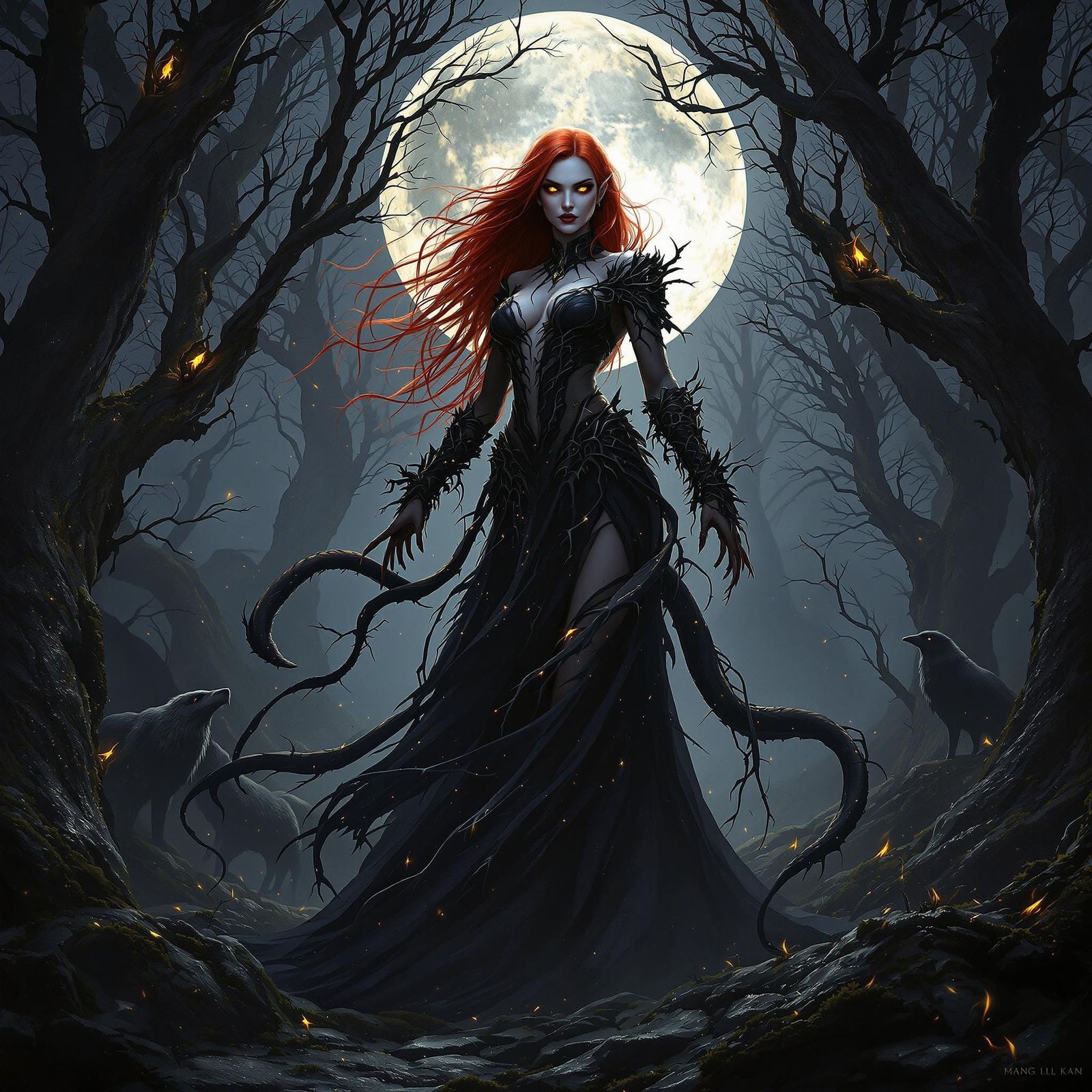 Vampire Goddess Empowered by Moonlight in Primeval Forest