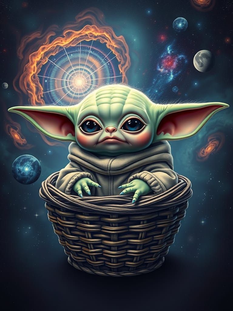 Surreal Portrait of Baby Yoda in Vibrant Galaxy Landscape