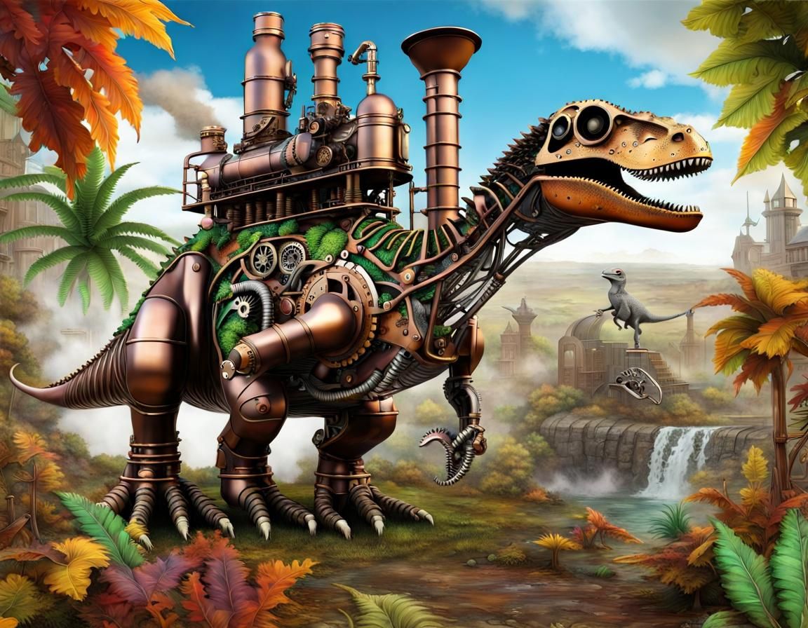 Steampunk Dinosaur World with Detailed Engine
