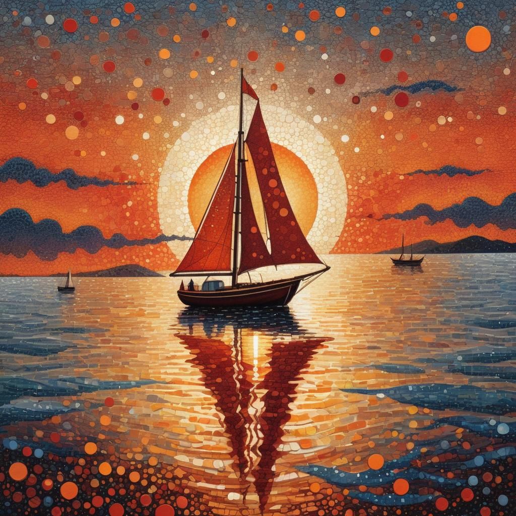 Sailboat at Sunset: A Pointillist Fantasy Illustration