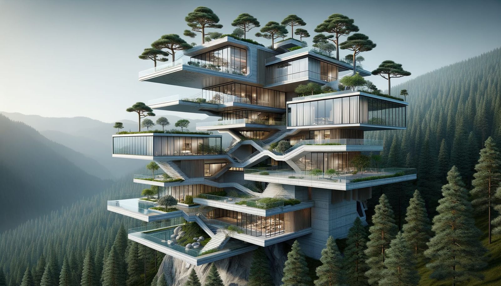 Futuristic Villa on Mountainside with Pine Trees