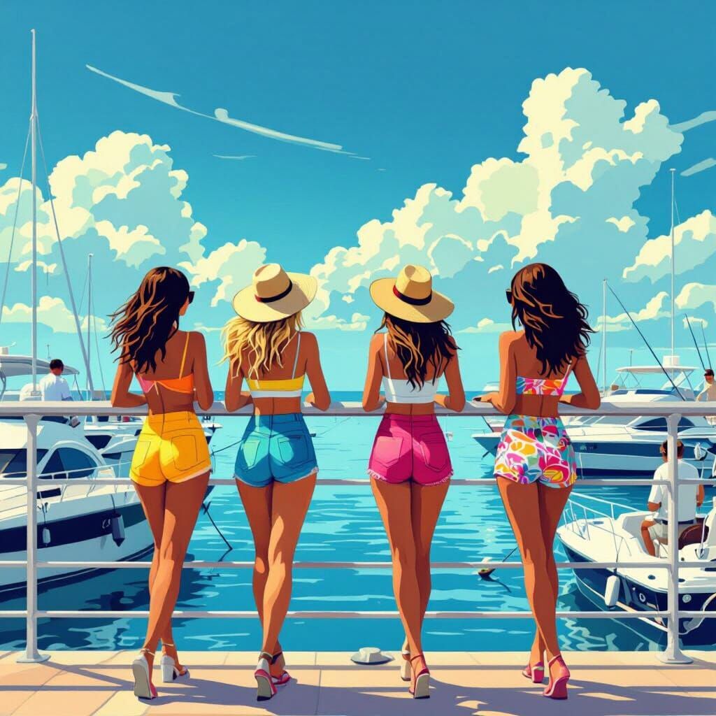 Stylish Friends Admire Docked Yachts on Sunny Day