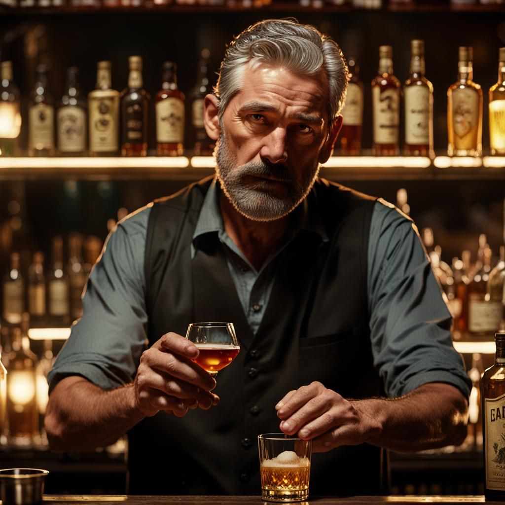 Bartender with Scar Polishing Glass: Cinematic Concept Art