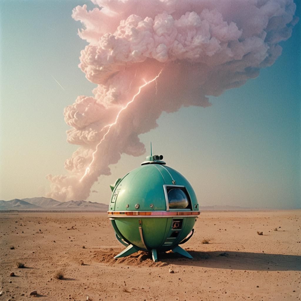 Futuristic Spaceship in Desert Sandstorm: VHS Style