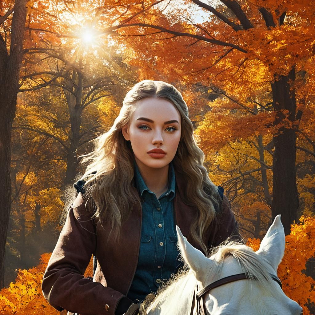 Cowgirl on Horse in Autumn Landscape Portrait