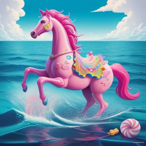 Horse in Ocean: Whimsical Candy Art Illustration