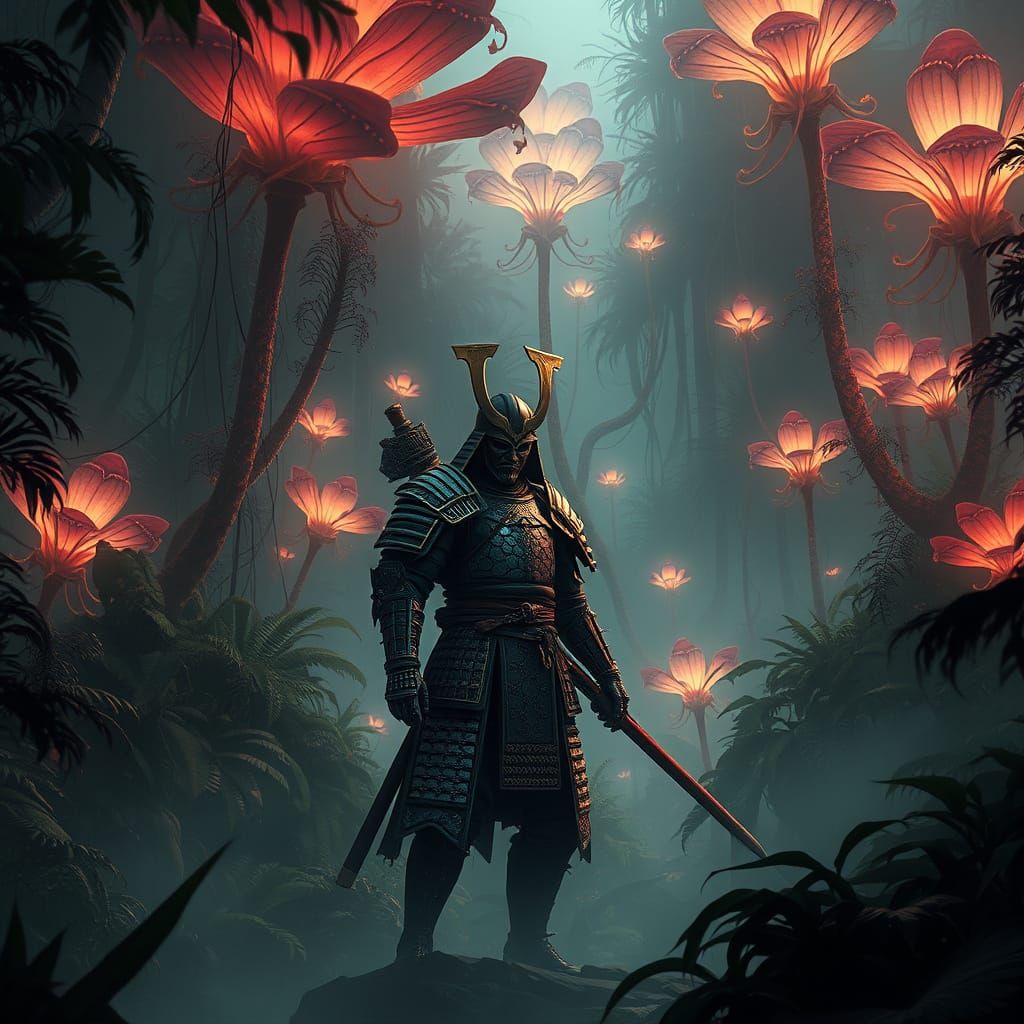Samurai in Alien Jungle, Dark Fantasy Concept Art
