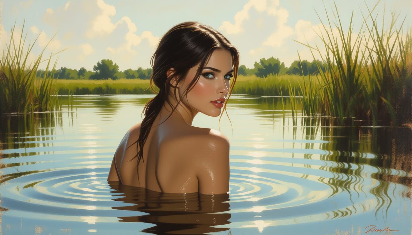 Woman Emerging from Lake in Dramatic Light