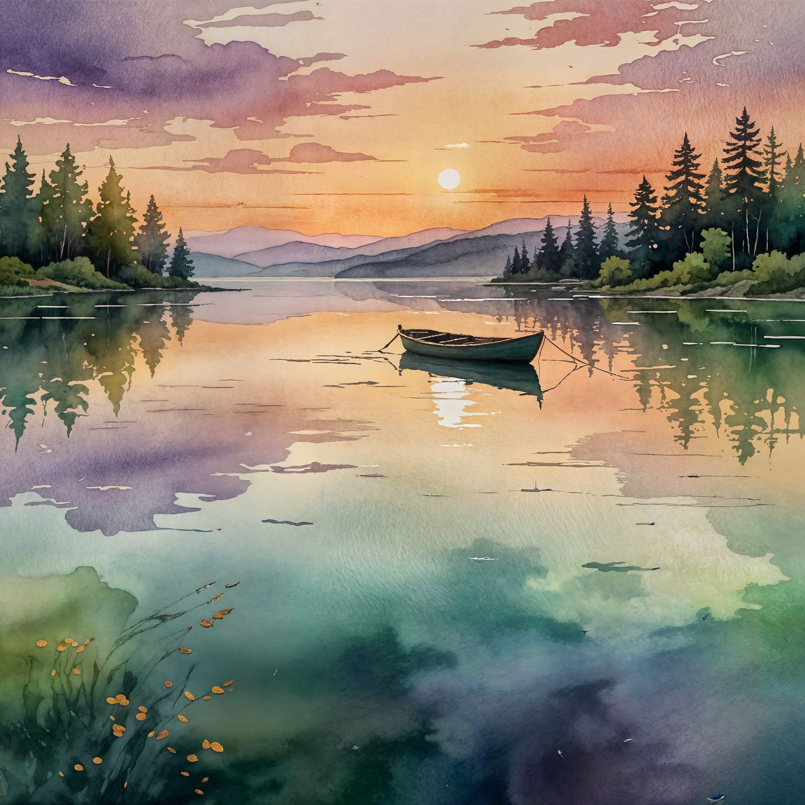 Golden Hour Lake Scene with Boat in Soft Pastel Hues