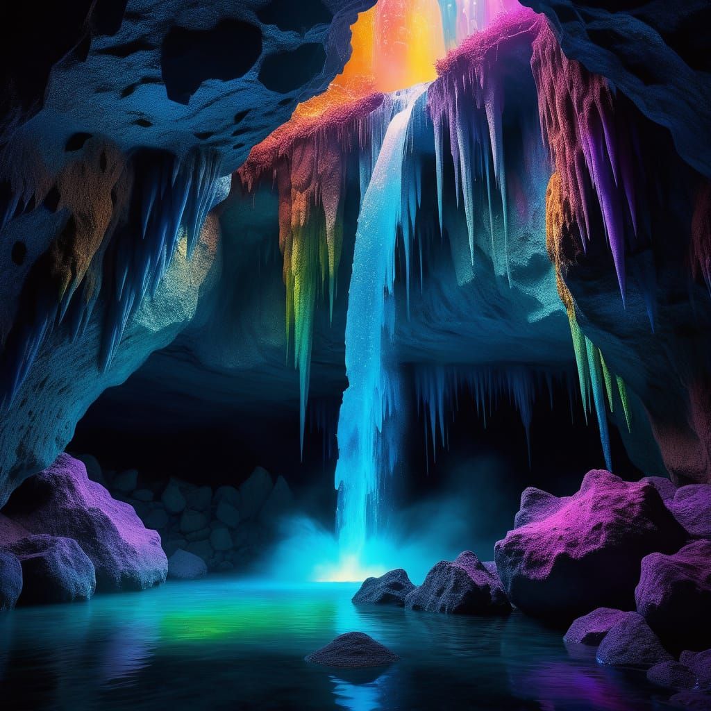 Glowing Waterfall in Crystal Cave: Surreal Oil Painting