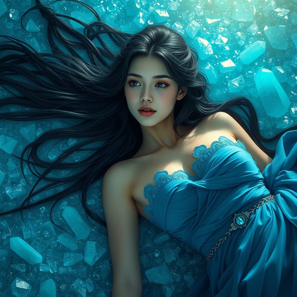 Dreamlike Woman on Crystalline Bed in Fantasy Art Style